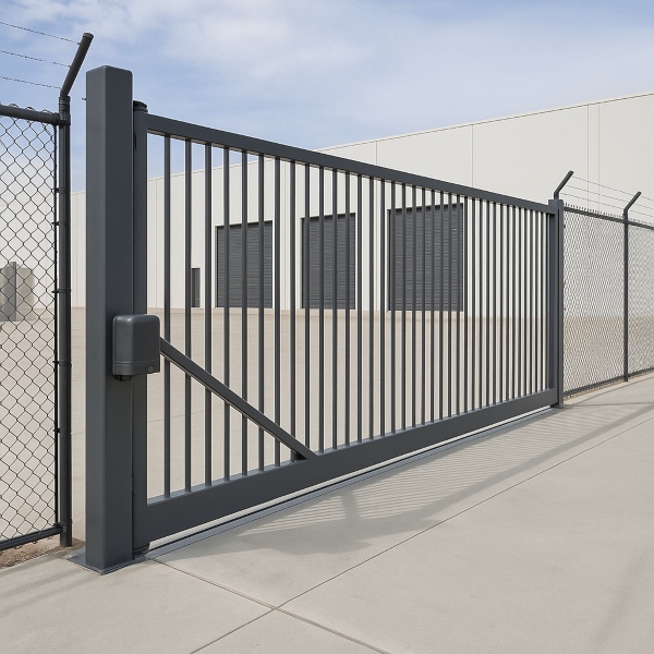 Commercial electric gate in Sydney by Auto Gate Guys, heavy-duty sliding gate for warehouse security. Commercial electric gate in Sydney by Auto Gate Guys, heavy-duty sliding gate for warehouse security.